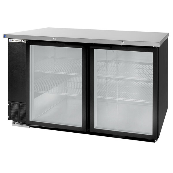 A black Beverage-Air counter height wine refrigerator with two glass doors.