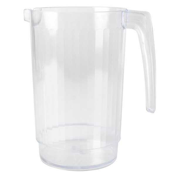 A clear plastic Fineline Platter Pleasers pitcher with a handle.