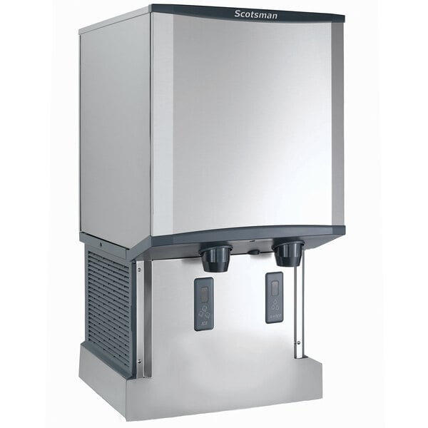 A Scotsman white and black wall mount air cooled ice machine and water dispenser with two doors.