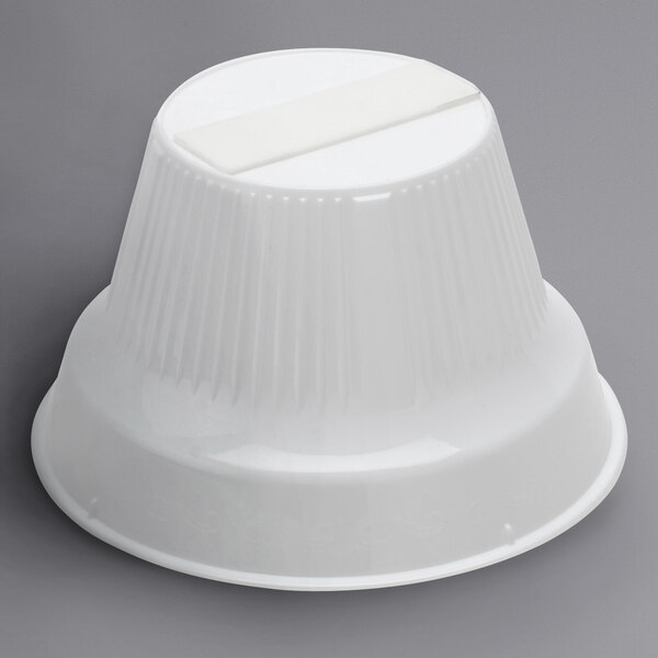 A white plastic Fineline pedestal bowl with a white band.