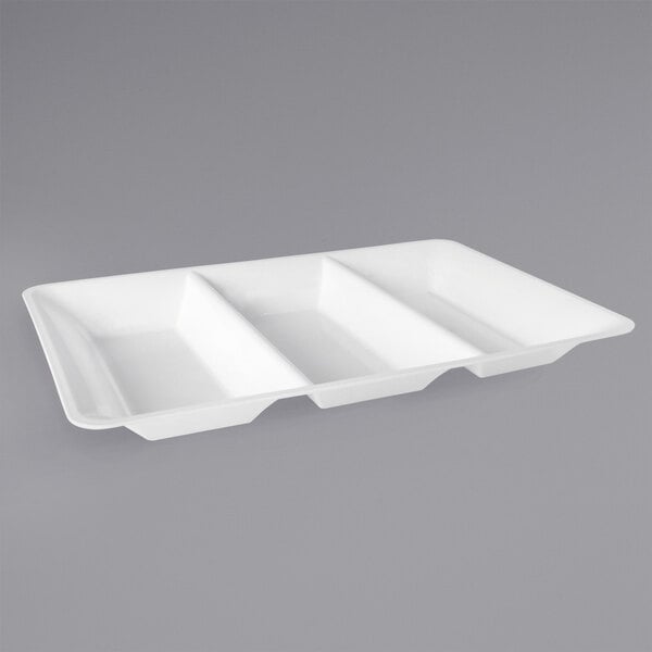 A white Fineline rectangular tray with three sections.