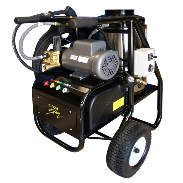 A black and silver Cam Spray pressure washer with wheels.