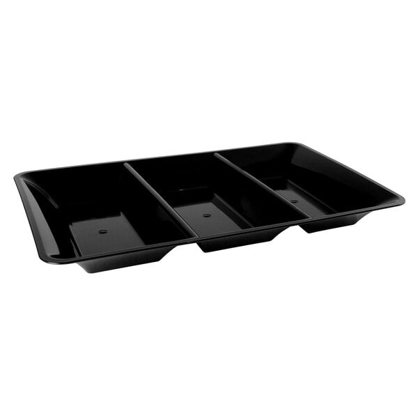 A Fineline black plastic rectangular tray with three sections.