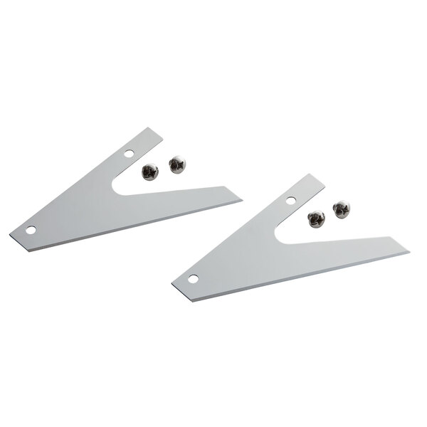 A pair of white metal triangles with screws.