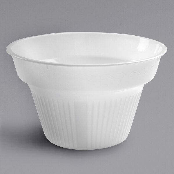 A white Fineline round pedestal bowl.