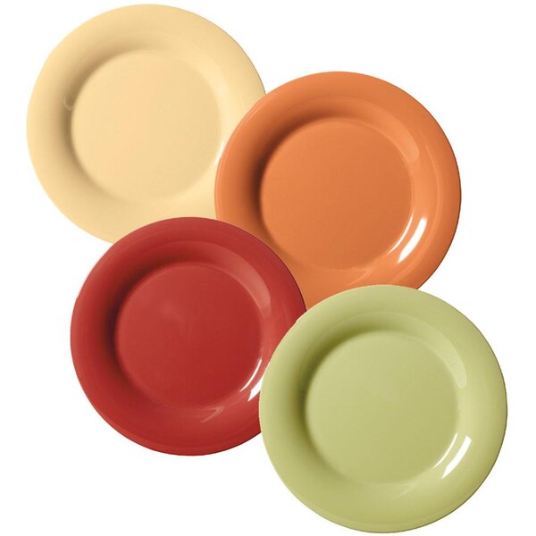 A close-up of a group of colorful Diamond Harvest narrow rim plates, including red, green, yellow, and blue plates.