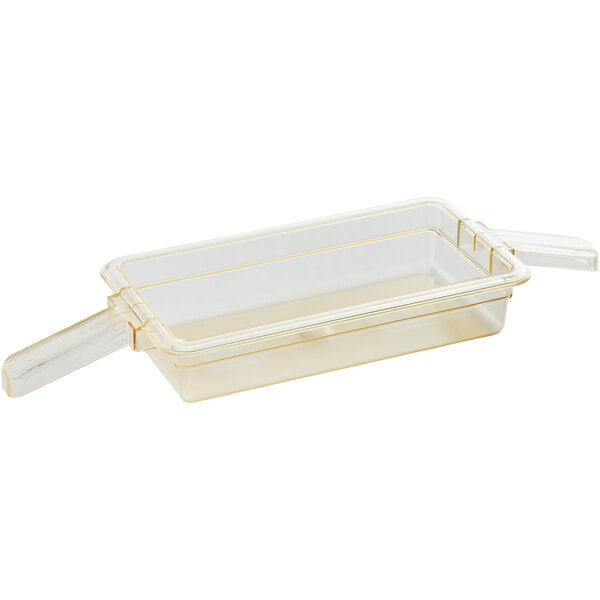 A clear plastic rectangular pan with dual handles.
