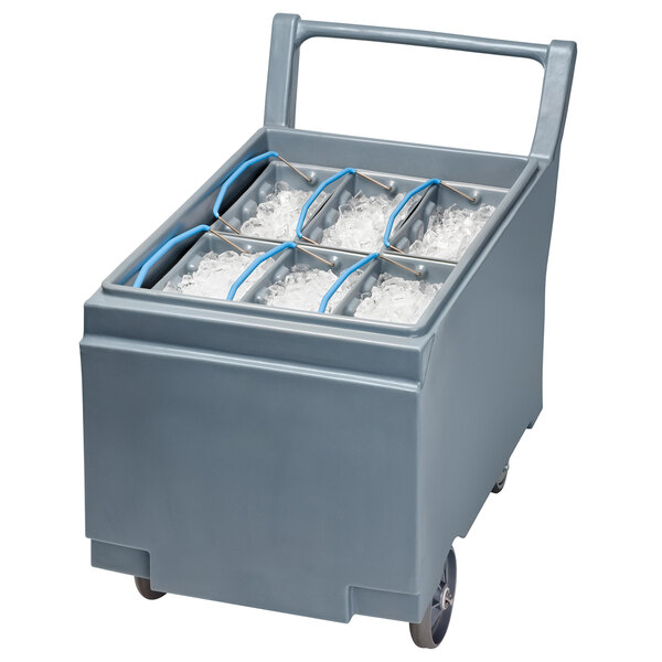 A gray Scotsman polyethylene ice cart filled with ice.