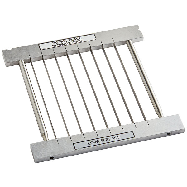 A metal plate with a handle and metal bars with a dishwasher blade labeled Prince Castle 25507P 1" Lower Blade Assembly.