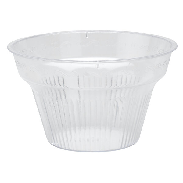 A clear plastic bowl with a pedestal base.