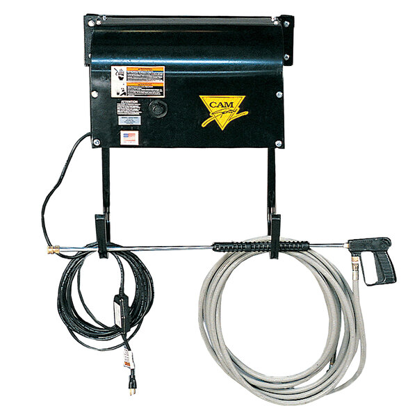 A white Cam Spray wall mounted pressure washer with a hose and pump attached.