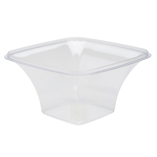 A Fineline clear plastic square pedestal bowl.