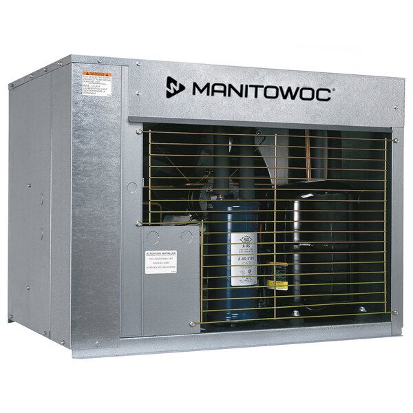 A grey metal Manitowoc remote ice machine condenser with a yellow mesh.