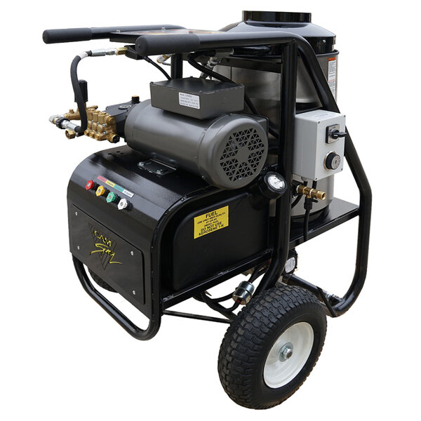 A black portable Cam Spray pressure washer with wheels.