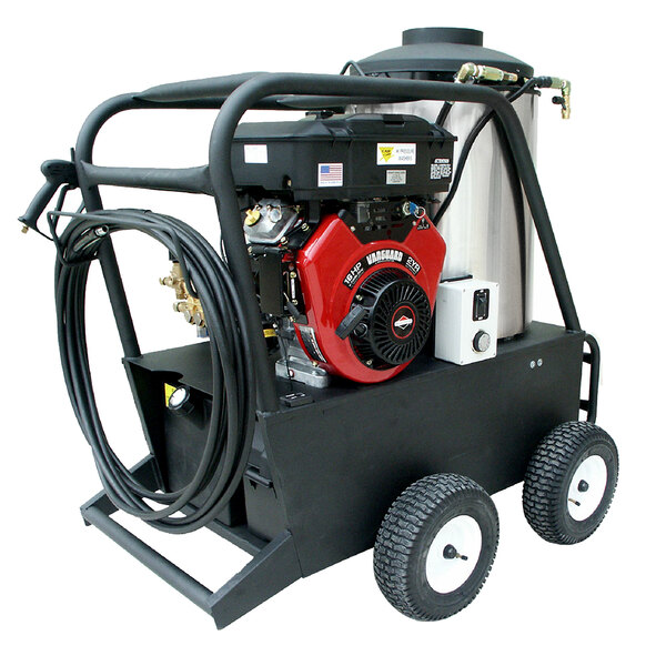 A Cam Spray portable gas hot water pressure washer with a red engine on wheels.