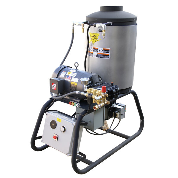 A Cam Spray stationary natural gas fired hot water pressure washer with a black cylinder and a hose attached.
