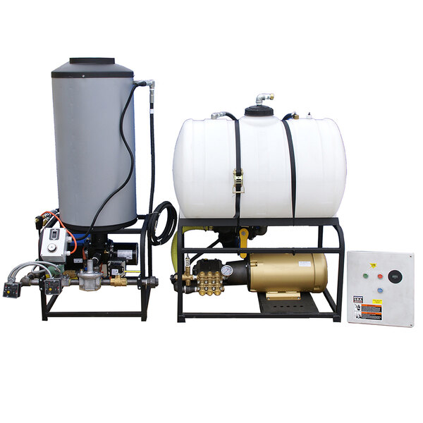A Cam Spray stationary natural gas fired electric hot water pressure washer with a tank, pump, and hose.