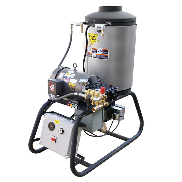 A Cam Spray stationary pressure washer with a black cylinder and attached hose.