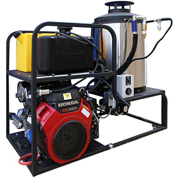 A black and yellow Cam Spray gas hot water pressure washer with a tank and a canister on a skid.