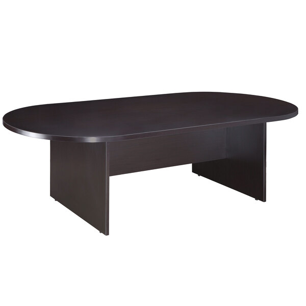 A mocha laminate oval conference table with a black base.