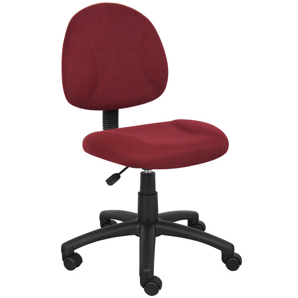 A burgundy Boss office chair with black wheels.