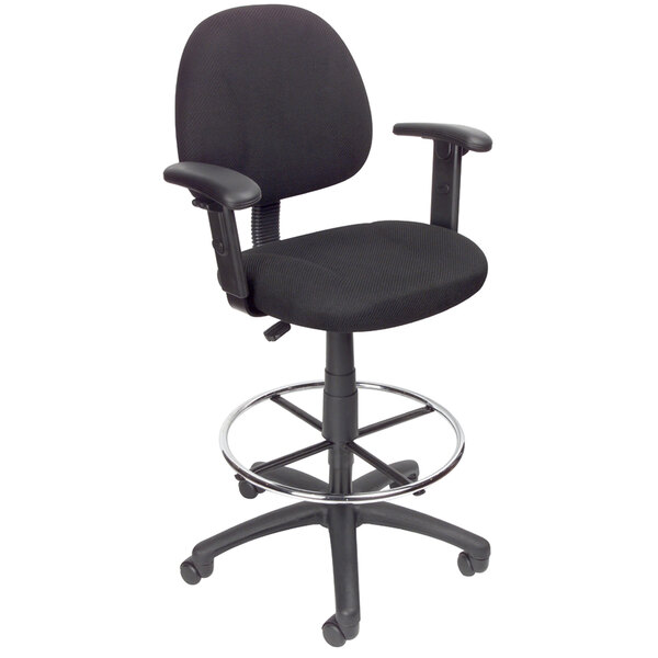 A black Boss drafting stool with arms and a metal base.
