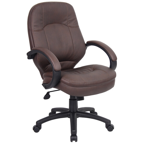 A Boss brown leather office chair with black arms and wheels.