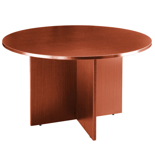 A Boss cherry laminate round office table with a wooden top.