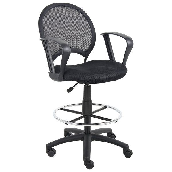 A Boss black mesh drafting stool with loop arms and a black seat.