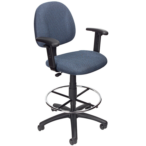 A Boss blue drafting stool with metal base and adjustable arms.