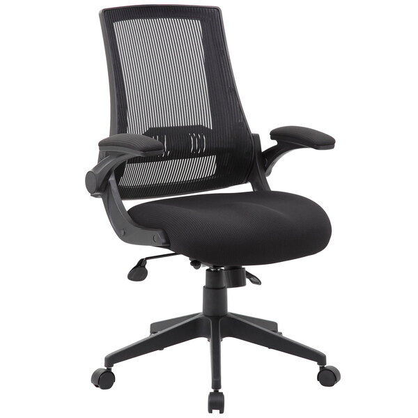 A black Boss office chair with a mesh back and arms.