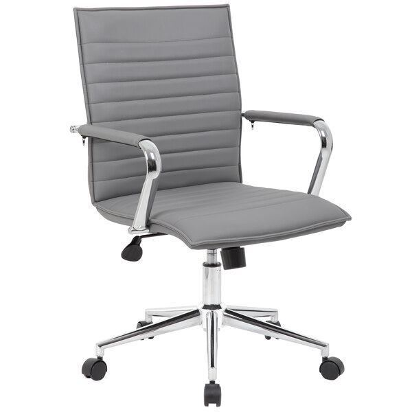 A Boss gray vinyl office chair with chrome wheels and arms.