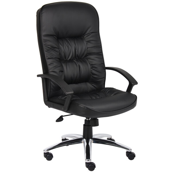 A Boss black leather office chair with chrome base and arms.