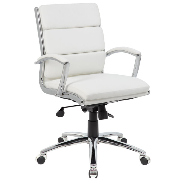 A white Boss CaressoftPlus office chair with chrome arms and base.