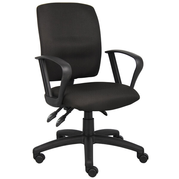 A Boss black fabric office chair with loop arms.