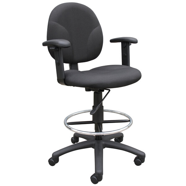 A Boss black fabric drafting stool with adjustable arms and a chrome base.