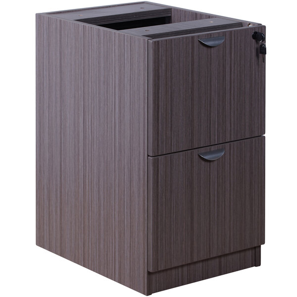 A Boss driftwood laminate pedestal letter file cabinet with 2 file drawers and a black handle.