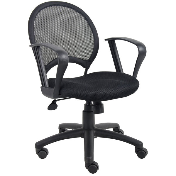 A Boss black mesh office chair with arms.