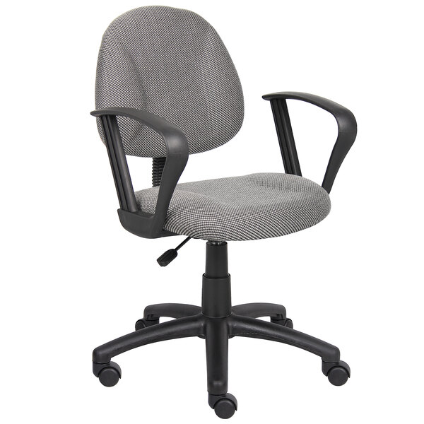A gray Boss office chair with black loop arms.