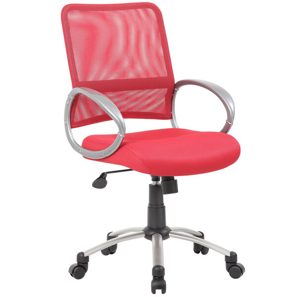 A red office chair with silver casters.