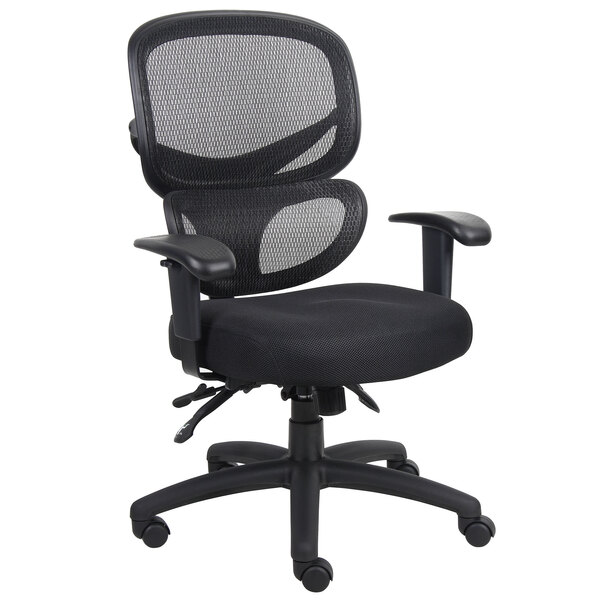 A Boss black mesh office chair.