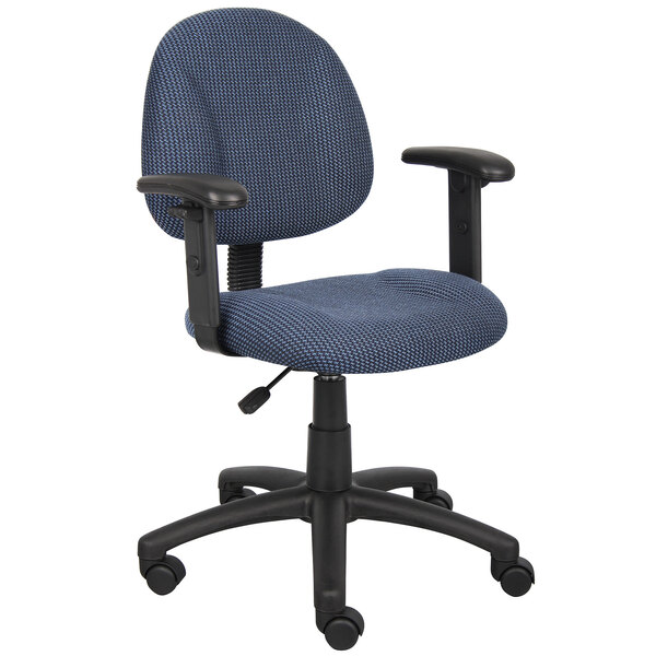 A blue Boss office chair with arms and wheels.