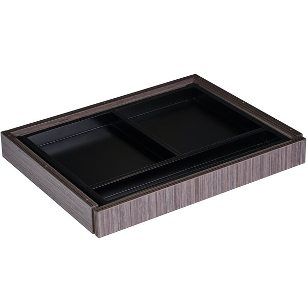 A black and grey rectangular center drawer for a desk.