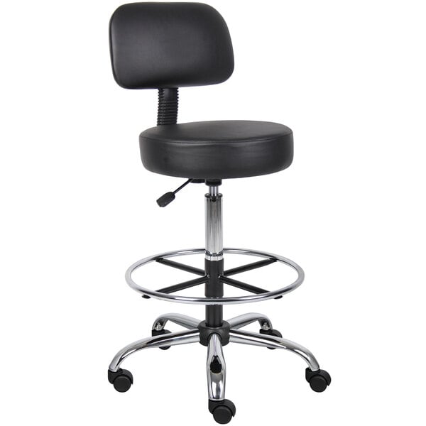 A Boss black vinyl drafting stool with a round metal base.