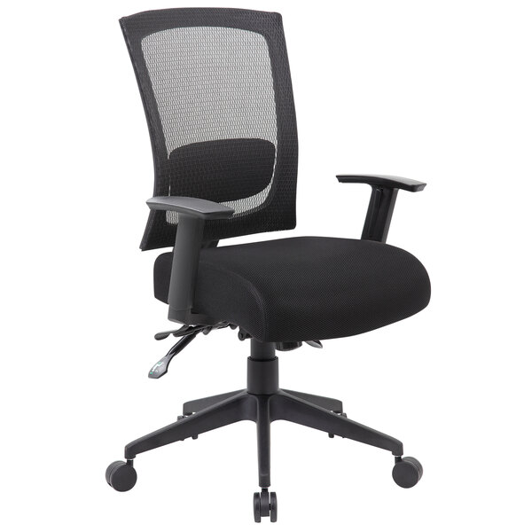 A black Boss office chair with mesh back and arms.