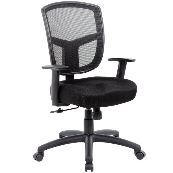 A Boss black office chair with mesh back.