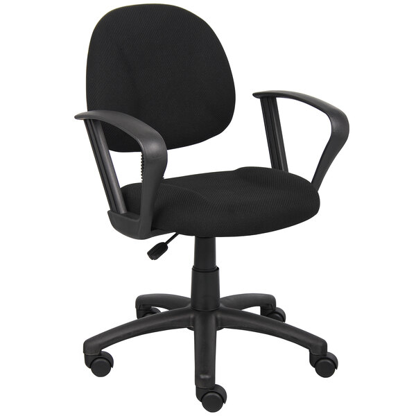 A Boss black tweed office chair with loop arms.
