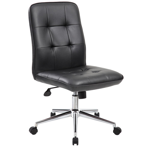 A Boss black leather office chair with chrome wheels.