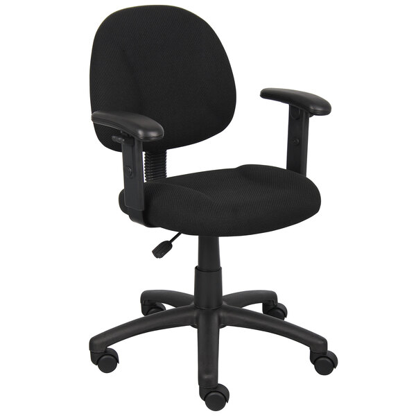 A black Boss office chair with wheels and arms.
