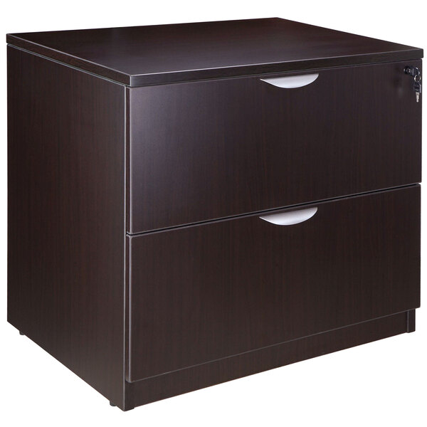 A dark brown Boss two drawer lateral file cabinet.